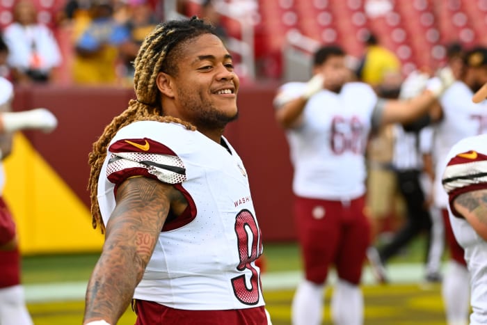 Washington Commanders defensive end Chase Young (99) on the field before the game between the Washington Commanders and the Cincinnati Bengals at FedExField.